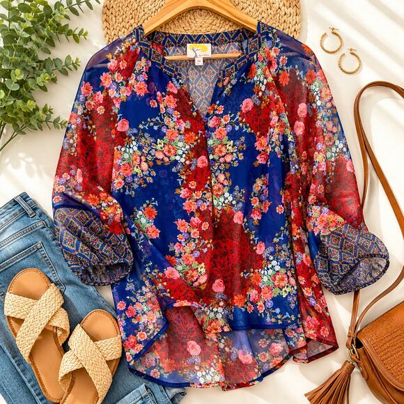 Anthropologie Fig & Flower Tops - Anthropologie Fig & Flower Floral Sheer Boho Blouse Medium Blue Red Peasant Top